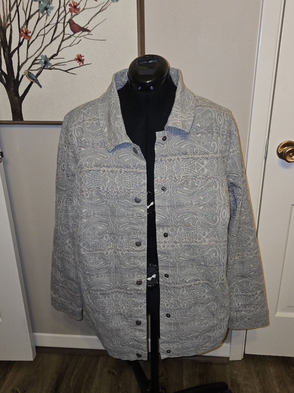 CJ Banks Light Grey Paisley Snap-Front Shirt Jacket